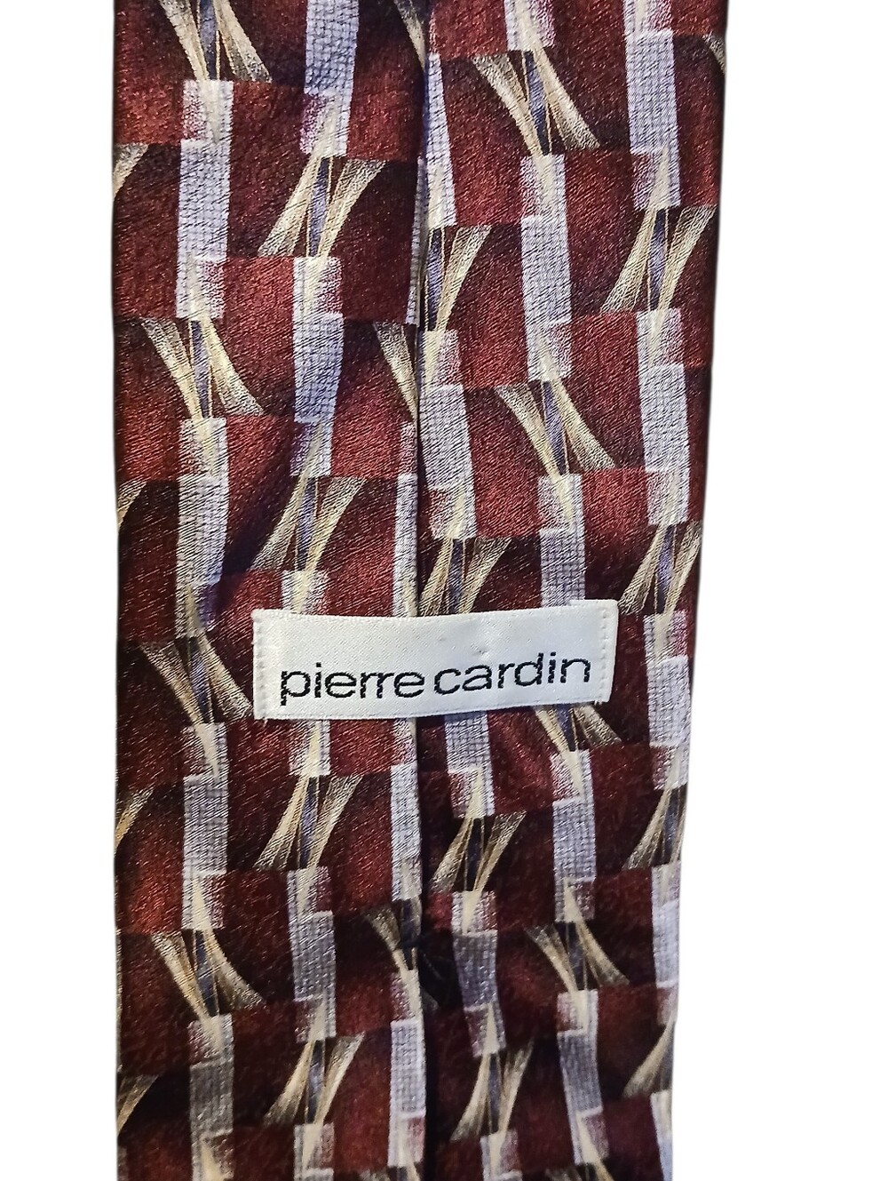 Pierre Cardin Burgundy Geometric Silk Tie with Cream and Gray Accents